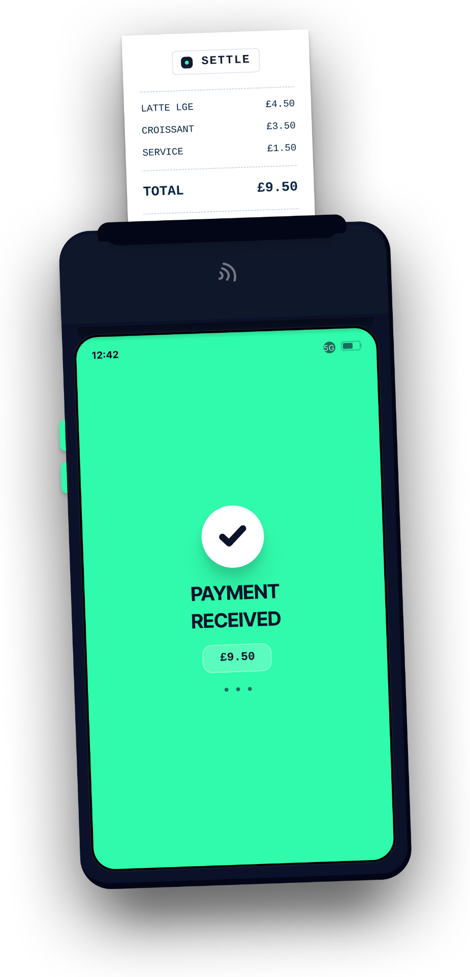 Card payment terminal showing payment received